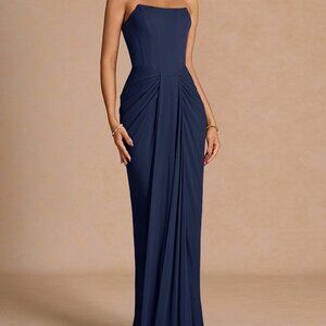 Navy Blue Formal Floor Length Mermaid Strapless Corset Dress